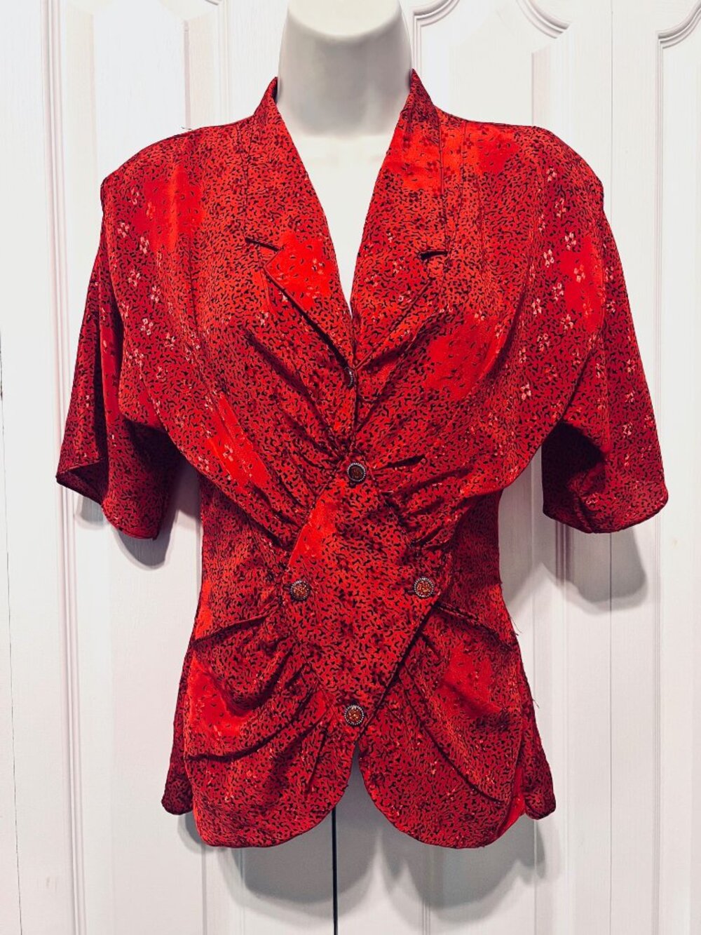 Get Redi Florida-Vintage-Women's Red/Black Unique Button Up Short Sleeve Blouse